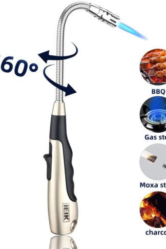 IEIK Torch Lighter Refillable 360° Swivel Jet Flame Long Lighter, Butane Lighter Windproof Candle Lighter Fireworks Outdoor Lighter for Fireplace Kitchen BBQ Stove Camping (Butane not Included) (Gold)