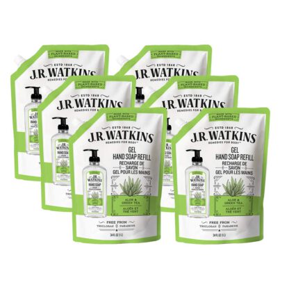 JR Watkins Gel Hand Soap Refill Pouch, Aloe and Green Tea, 6 Pack, Scented Liquid Hand Wash for Bathroom or Kitchen, USA Made and Cruelty Free, 34 fl oz