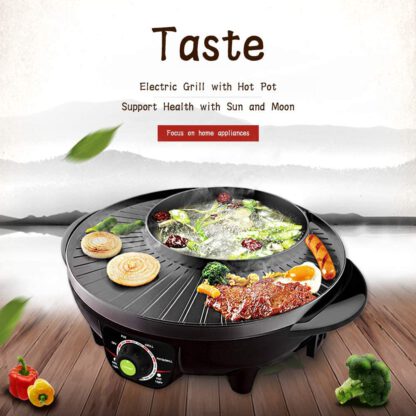 LIVEN Electric Grill with Hot Pot, Non-stick coating surface, Hot Pot with Glass Lid, 1300W 120V SK-J3201