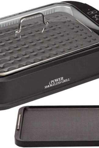 PowerXL Smokeless Grill with Tempered Glass Lid with Interchanable Griddle Plate and Turbo Speed Smoke Extractor Technology. Make Tender Char-grilled Meals Inside With Virtually No Smoke