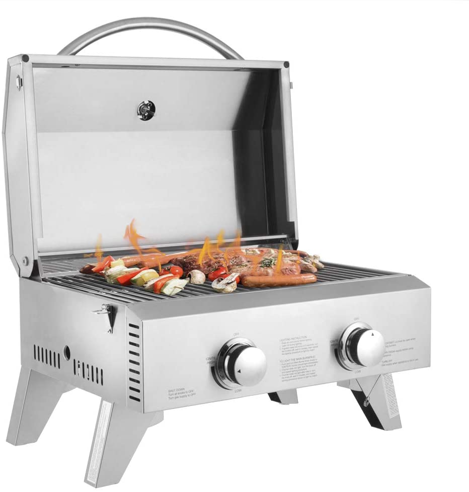 Portable Propane Gas Grill, 20,000 BTU Tabletop Grill Outdoor Cooking ... - ROVSUN Portable Propane Gas Grill 20000 BTU Tabletop Grill OutDoor Cooking Stove With FolDable LegsRegulator 2 Burner Stainless Steel For Picnic Camping Trip Tailgating Patio GarDen BBQ Home Use