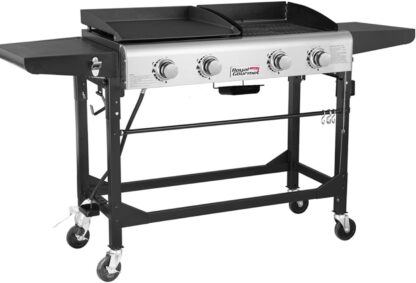 Royal Gourmet GD401 Portable Propane Gas Grill and Griddle Combo,4-Burner,Griddle Flat Top, Folding Legs,Versatile Outdoor Camping Stove with Side Table