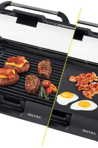 Secura Smokeless Indoor Grill 1800-Watt Electric Griddle with Reversible 2 in 1 Cast Iron Plate, Glass Lid, Extra Large Drip Tray (Dishwasher Safe)