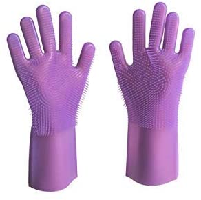 Silicon Dishwashing Gloves with Wash Scrubber, Cleaning Gloves Scrubbing Gloves for Dishes Heat Resistant and Reusable for Kitchen, Bathroom Cleaning (Pair of 1, Multicolor) (Purple) by Generic