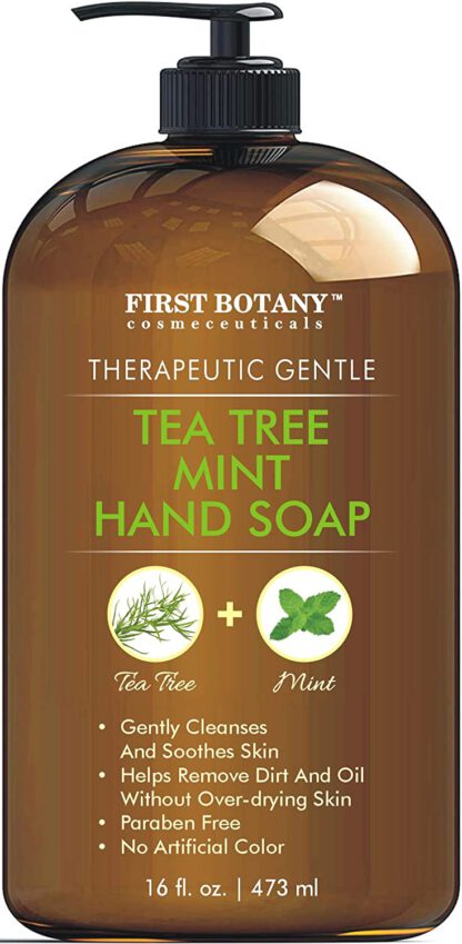 Tea Tree Mint Hand Soap - Liquid Hand Soap with Peppermint, Jojoba and Coconut Oil - Multipurpose Liquid Soap in Pump Dispenser - Natural Bathroom Soap & Liquid hand wash - 16 fl oz by First Botany