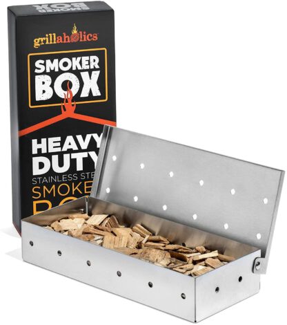 Grillaholics Smoker Box, Top Meat Smokers Box in Barbecue Grilling Accessories, Add Smokey BBQ Flavor on Gas Grill or Charcoal Grills with This Stainless Steel Wood Chip Smoker Box