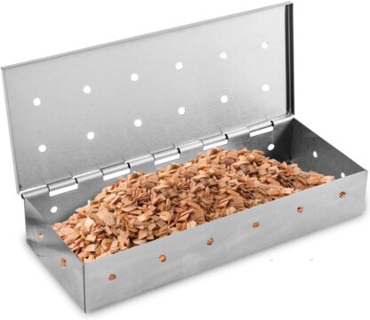 Kaluns Smoker Box for Wood Chips Great for Use on Your Gas or Charcoal BBQ Grill to add Delicious Smoked Flavor to Your Meat Hinged Lid Thick Stainless Steel WARP Free Grilling Accessory