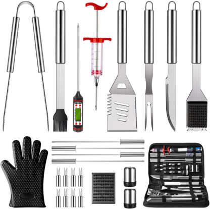 OlarHike BBQ Grilling Accessories Grill Tools Set, 25PCS Stainless Steel Grilling Kit for Smoker, Camping, Kitchen, Barbecue Utensil for Men Women with Thermometer and Meat Injector