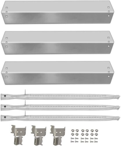 Gas Grill Burner and Heat Shield Stainless Steel BBQ Repair Kit Replacement for Chargriller 5050, 5060 Duo Gas Charcoal 3001, 3008, 3030, 4000, 4208, 5072, 5252 Models 3-pack Heat Plates, Pipe Tube