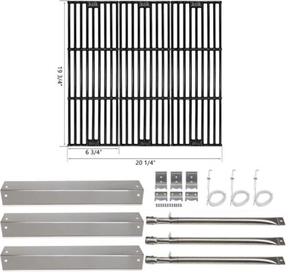 Hisencn Replacement Rebuild Kit fits Chargriller 3001, 3008, 3030, 4000, 5050, 5252 Gas Grill Stainless Steel Burner Tube, Heat Plate, Porcelain Cast Iron Cooking Grates, igniter Electrode