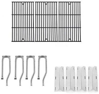 Replacement For Jenn Air Gas Barbeque Grill Model 720-0337, 720 0337 Gas Grill Repair Kit Includes 4 Stainless Heat Plates and 4 Stainless Steel Burners and Porcelain Cast Grates