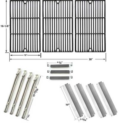 REPAIR KIT INCLUDES 4 STAINLESS STEEL BURNERS, 4 STAINLESS STEEL HEAT PLATES, 3 STAINLESS CROSSOVER TUBES AND 3 PORCELAIN CAST COOKING GRATES FOR CHARBROIL COMMERCIAL 463247310 GAS GRILL MODELS