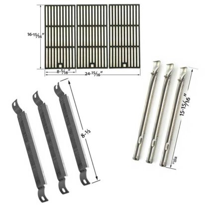 REPLACEMENT KIT INCLUDES 3 STAINLESS STEEL BURNERS, 3 STAINLESS STEEL CROSSOVER TUBES AND 3 MATTE CAST IRON COOKING GRATES FOR CHARBROIL RED 500 3 BURNER 463250511 GAS GRILL MODELS