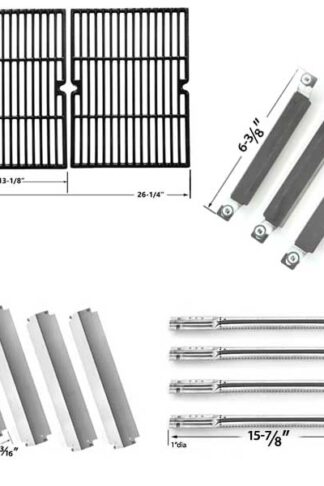 REPLACEMENT KIT INCLUDES 4 STAINLESS STEEL BURNERS, 4 STAINLESS HEAT PLATES, 3 CROSSOVER TUBES AND 2 PORCELAIN CAST COOKING GRATES FOR KENMORE 415.16942010 GAS GRILL MODELS