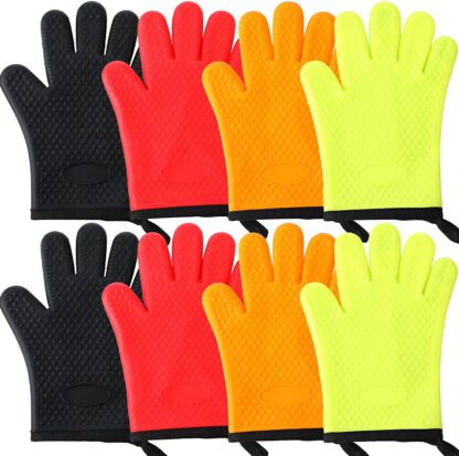 4 Pairs Grilling Gloves Silicone Oven Mitts Heat Resistant Gloves BBQ Waterproof Oven Gloves with Inner Protective Cotton Layer Mitts for Kitchen Baking Cooking Fryer Christmas Party BBQ Accessories