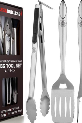 Alpha Grillers Grill Set Heavy Duty BBQ Accessories - BBQ Tool Set 4pc Grill Accessories with Spatula, Fork, Brush & BBQ Tongs - Gifts for Dad Durable, Stainless Steel Grill Tools