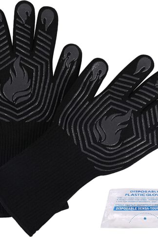 BBQ Gloves, 1472°F Heat Resistant Gloves Fireproof Mitts，Grilling Gloves Silicone Non-Slip Washable Oven Gloves, Kitchen Gloves for Barbecue, Grilling, Cooking, Baking, Camping, Smoker (Black)