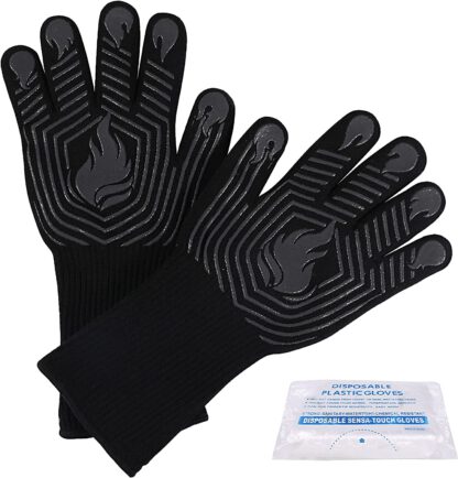 BBQ Gloves, 1472°F Heat Resistant Gloves Fireproof Mitts，Grilling Gloves Silicone Non-Slip Washable Oven Gloves, Kitchen Gloves for Barbecue, Grilling, Cooking, Baking, Camping, Smoker (Black)