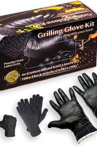Charbasil Grilling Glove Kit – 100 Black Nitrile Gloves – 4 Thick Cotton Liners – Disposable BBQ Gloves with Washable Heat-Resistant Liners – Replaceable Cover Oven Mitt for Barbecue and Smoking Meat
