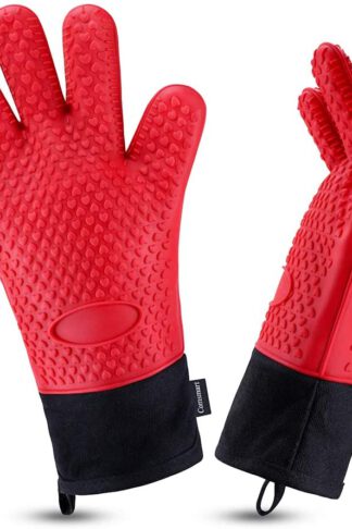 Comsmart BBQ Gloves, Heat Resistant Silicone Grilling Gloves, Long Waterproof BBQ Kitchen Oven Mitts with Inner Cotton Layer for Barbecue, Cooking, Baking, Smoker(Red)