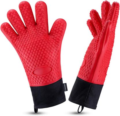 Comsmart BBQ Gloves, Heat Resistant Silicone Grilling Gloves, Long Waterproof BBQ Kitchen Oven Mitts with Inner Cotton Layer for Barbecue, Cooking, Baking, Smoker(Red)
