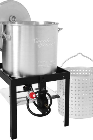 Creole Feast SBK1001 Seafood Boiling Kit with Strainer, Outdoor Aluminum Propane Gas Boiler with 10 PSI Regulator, Silver
