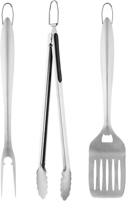 ELJTKJ Grill Utensils Set, Griddle Accessories, Heavy-Duty BBQ Tools, Extra Thick Stainless-Steel Spatula, Tongs and Fork, Suitable for Outdoor Grilling, Gift for Men, 3 Piece Set