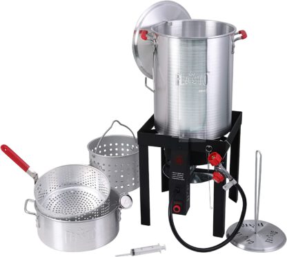 FEASTO 4 in 1 Turkey and Fish Fryer Set with 30 Qt & 10 Qt Aluminum Pots, Electronic ignition Outdoor Propane Gas Cooker with Adjustable 0-10 PSI Regulator, Non-Assembly Frame Stand