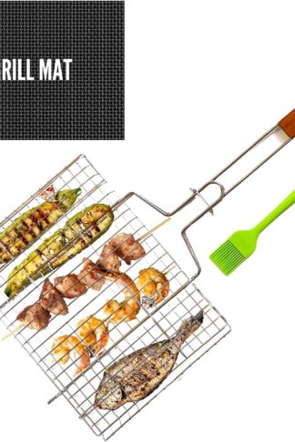 Fish Grill Basket - Fish Basket for Grilling - Easy Flip Stainless Steel BBQ Grill Basket with Handle - Kebab Grilling Basket - Grilling Baskets for Outdoor Grill - comes with Brush and Grill Mat