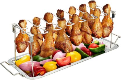 G.a HOMEFAVOR Chicken Leg Wing Rack 14 Slots Stainless Steel Metal Roaster Stand with Drip Tray for Smoker Grill or Oven, Dishwasher Safe, Non-Stick, Great for BBQ, Picnic