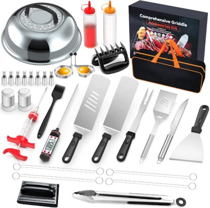 Griddle Accessories, 37 PCS Stainless Steel Grilling Kit, Flat Top Grill Accessories for Blackstone and Camp Chef, Barbecue Utensil Gift with Basting Cover, Thermometer, Meat Injector & Meat Claws