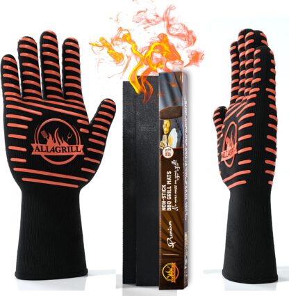 Grill Gloves and BBQ Grilling Mat Set 2023 Style up to 1500 F° Extreme-Heat-Resistant Fire Proof Mitts for Grilling and Smoking Kit Includes eBook