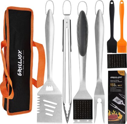 Grilljoy 8PCS Heavy Duty BBQ Grill Tools Set with Extra Thick Stainless Steel Spatula, Fork, Tongs & Cleaning Brush - Complete Barbecue Accessories Kit with Portable Bag - Perfect Grill Gifts for Men