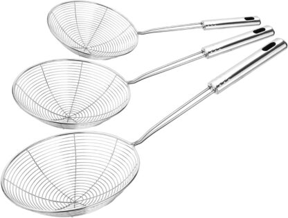 Hiware Extra Large Spider Strainer Skimmer Spoon for Frying and Cooking - Set of 3 Stainless Steel Wire Pasta Strainer with Long Handle, Professional Kitchen Skimmer Ladle - 13.8", 15" & 16.4"