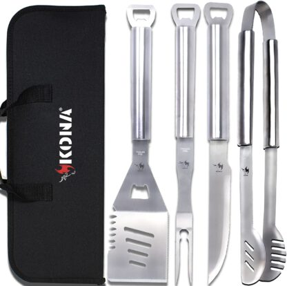 KONA BBQ Grill Tools Set with Case - 18 inches Long to Keep Hands Away from Heat, Premium Stainless Steel Grilling Utensils with Bottle Opener Handles - Makes A Great Gift