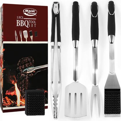 MAGIC FLAME 18'' BBQ Grill Accessories, Heavy Duty 5 Pcs Grilling Tools, Extra Thick Stainless Steel Grill Utensils Set Gift with Spatula Fork Cleaning Brush Tong BBQ Set for Outdoor Camping Grilling