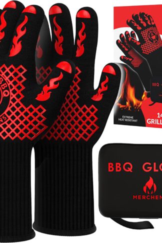 MERCHENS BBQ Gloves - Insulated, Fireproof, Extreme Heat Resistant Silicone Grill Gloves That Take Barbecuing to New Heights - Extra Long Oven Mitts - Indoor & Outdoor Wear with Protective Case (Red)