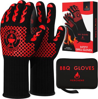 MERCHENS BBQ Gloves - Insulated, Fireproof, Extreme Heat Resistant Silicone Grill Gloves That Take Barbecuing to New Heights - Extra Long Oven Mitts - Indoor & Outdoor Wear with Protective Case (Red)