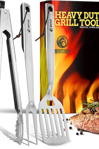 Mountain Grillers - BBQ Tools Grill Set - 3-Pack Grilling Utensils Durable Stainless Steel Grill Accessories Featuring Lockable Tongs, Spatula with Beer Opener & Meat Fork - Gift Idea for Men