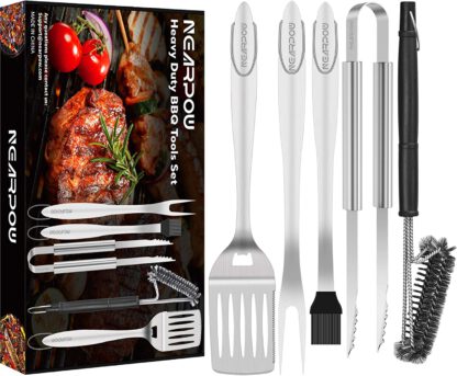 NEARPOW Heavy Duty BBQ Grill Tools Set, 18” Long Handle Grill Utensils Kit, Tongs Spatula Fork Basting Brush Cleaning Brush, Stainless Steel Barbecue Accessories Gift for Men Grilling Cooking Camping