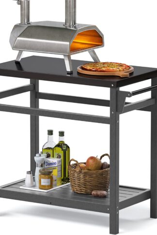Outdoor Prep Dining Table,Movable Pizza Oven Stand, Stainless Steel Patio Bar Cart,Patio Grilling Backyard BBQ Grill Cart,Dark Gray Tabletop(Gray)
