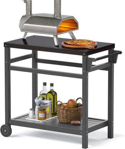 Outdoor Prep Dining Table,Movable Pizza Oven Stand, Stainless Steel Patio Bar Cart,Patio Grilling Backyard BBQ Grill Cart,Dark Gray Tabletop(Gray)