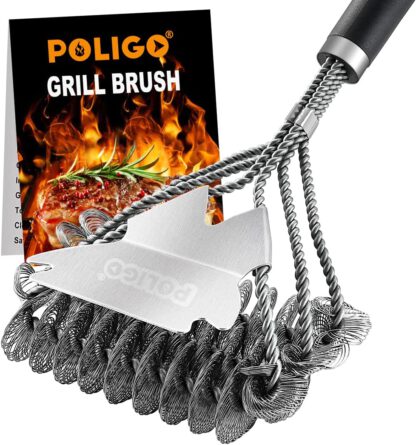 POLIGO BBQ Grill Cleaning Brush Bristle Free & Scraper - Triple Helix Design Barbecue Cleaner - Non-Bristle Grill Brush and Scraper Safe for Gas Charcoal Porcelain Grills - Ideal Grill Tools Gift
