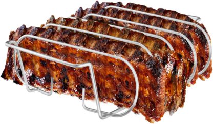 Rib Rack, Stainless Steel Roasting Stand, Holds 4 Ribs for Grilling Barbecuing & Smoking - BBQ Rib Rack for Gas Smoker or Charcoal Grill