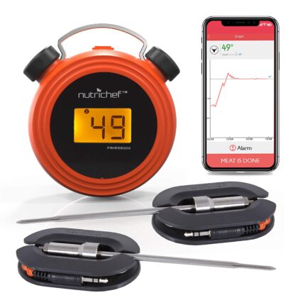 Smart Bluetooth BBQ Grill Thermometer - Digital Display, Stainless Dual Probes Safe to Leave in Outdoor Barbecue Meat Smoker - Wireless Remote Alert iOS Android Phone WiFi App - NutriChef PWIRBBQ60
