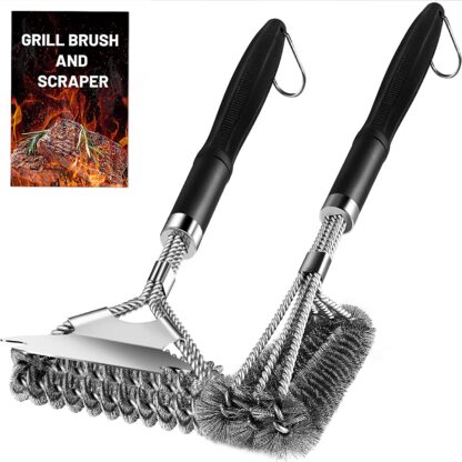 Stainless Grill Brush and Scraper - 2 Pieces of Barbecue Set, Include a Strong and Safe Bristle BBQ Cleaning Brush and a Firm Bristle-Free Brush with a Durable Scraper