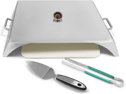 Stainless Steel Deluxe Pizza Oven Kit with Rectangle Pizza Stone and Thermometer for Most Gas Grills Flat Top Grills Griddles and Firepit Grill Oven Conversion Kit