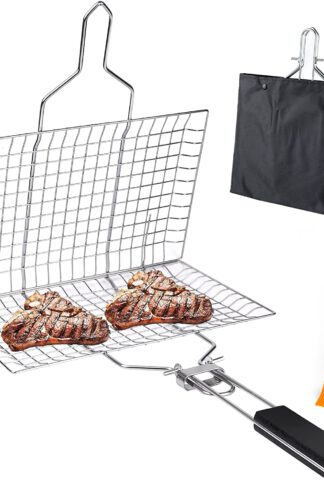 Stainless Steel Grill Basket Barbecue Grill Basket Portable Grill basket with Removable Handle,Perfect for Grilling Vegetables Fishes Shrimp Steak meat and more with Carrying Pouch,A Useful BBQ Tool