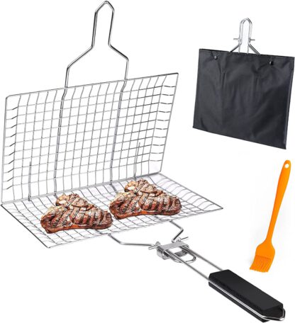 Stainless Steel Grill Basket Barbecue Grill Basket Portable Grill basket with Removable Handle,Perfect for Grilling Vegetables Fishes Shrimp Steak meat and more with Carrying Pouch,A Useful BBQ Tool