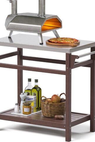 TORVA Outdoor Prep Cart Dining Table for Pizza Oven, Patio Grilling Backyard BBQ Grill Cart (Brown Color)